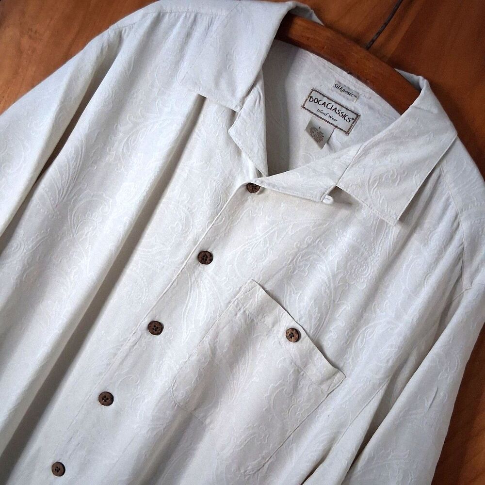 Boca Classics Silknosic Mens Large Silk Blend Island Camp Shirt Cream Paisley